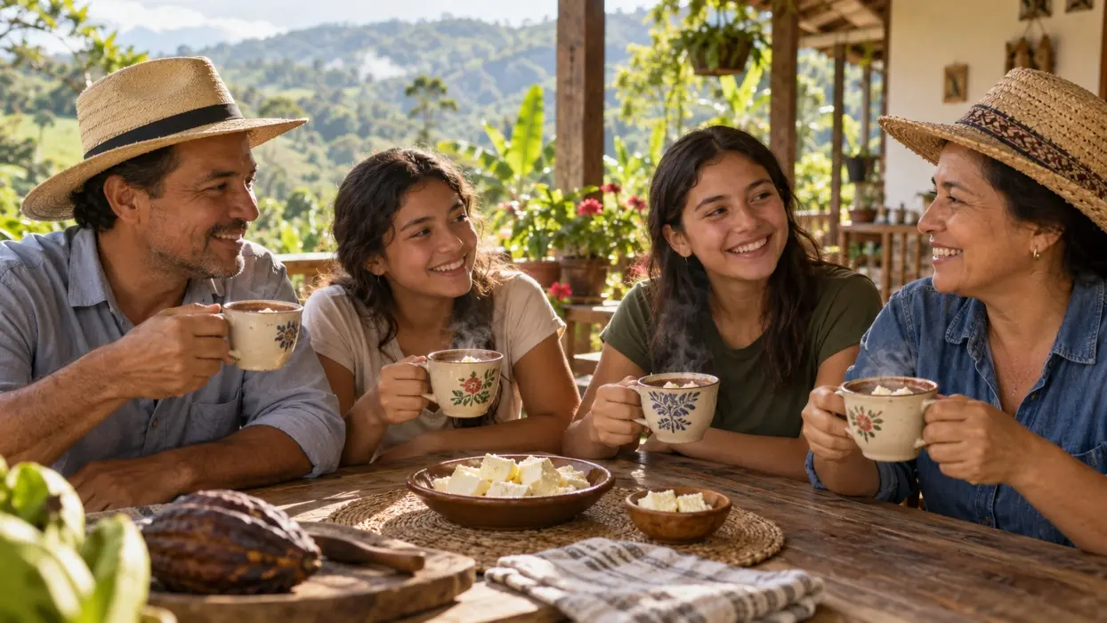 Familia campesina colombiana compartiendo tazas de chocolate con queso en una mesa de madera.