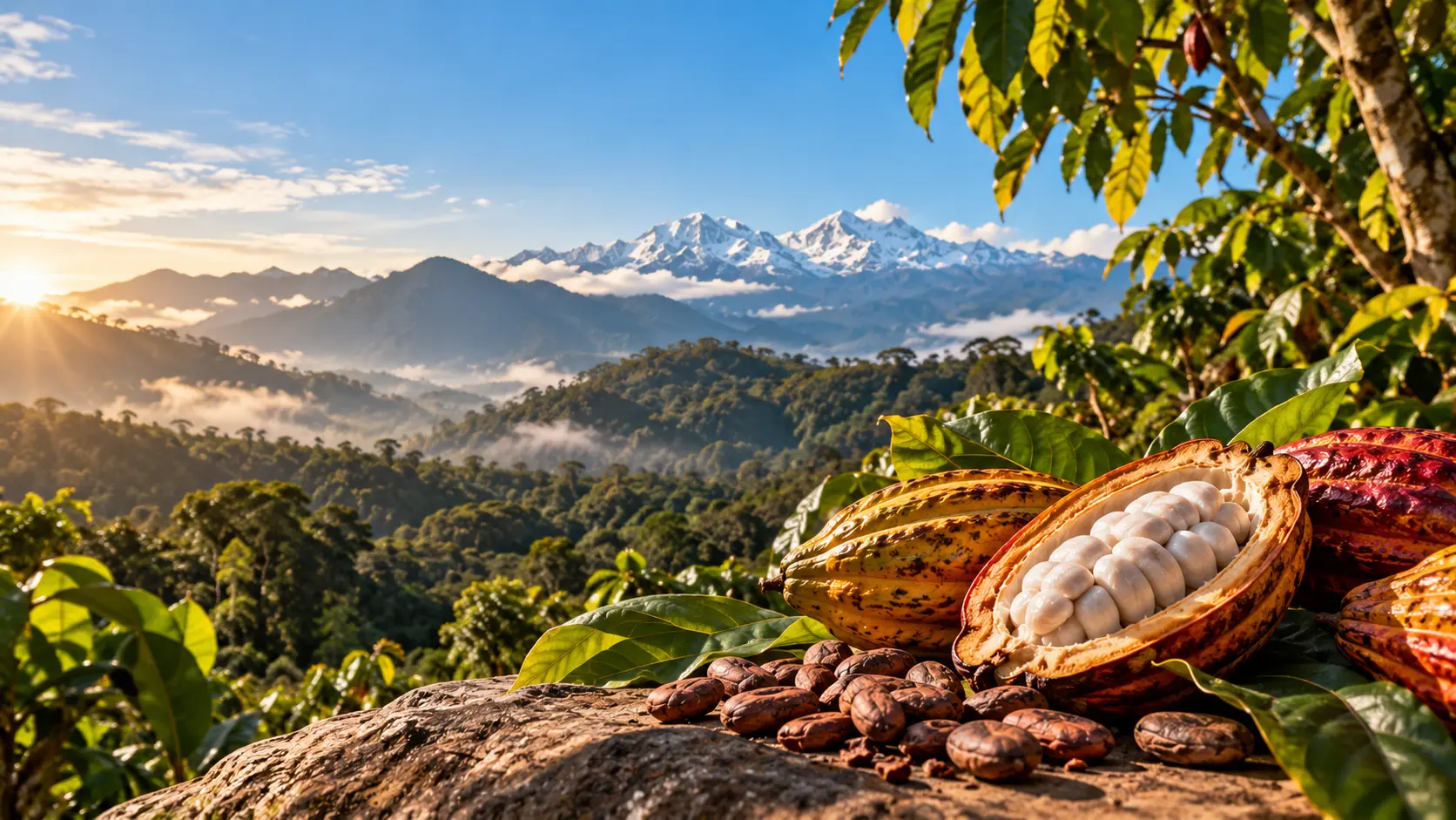 Mazorcas de cacao en paisaje de la Sierra Nevada de Santa Marta