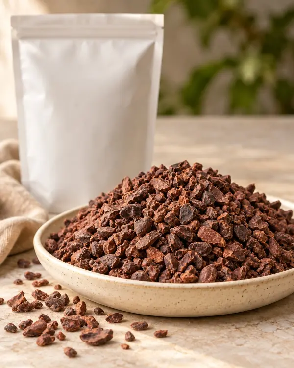 Nibs de cacao tostado y descascarillado.