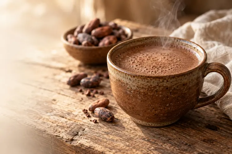 Bebida preparada con pasta de cacao en una taza.